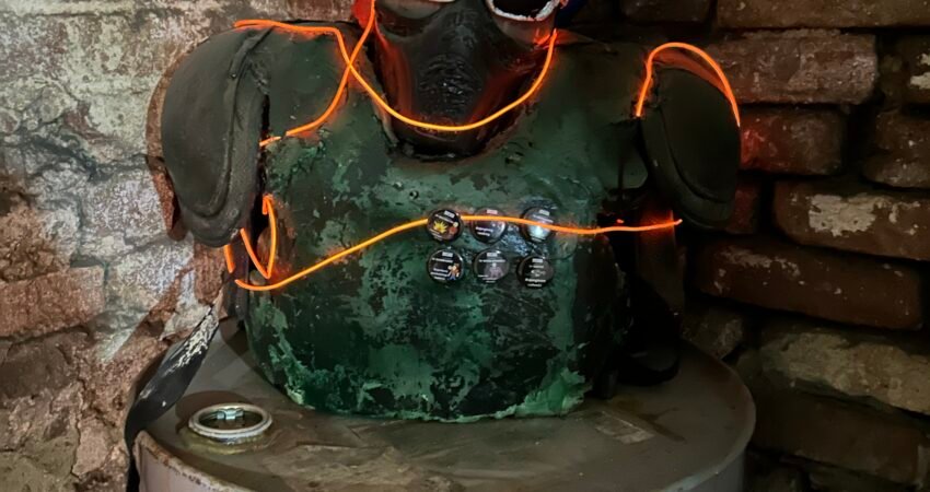 Manekin ubrany w stylu cyberpunk tj. zieloną kamizelkę, srebrne okulary oraz opleciony neonowymi kablami